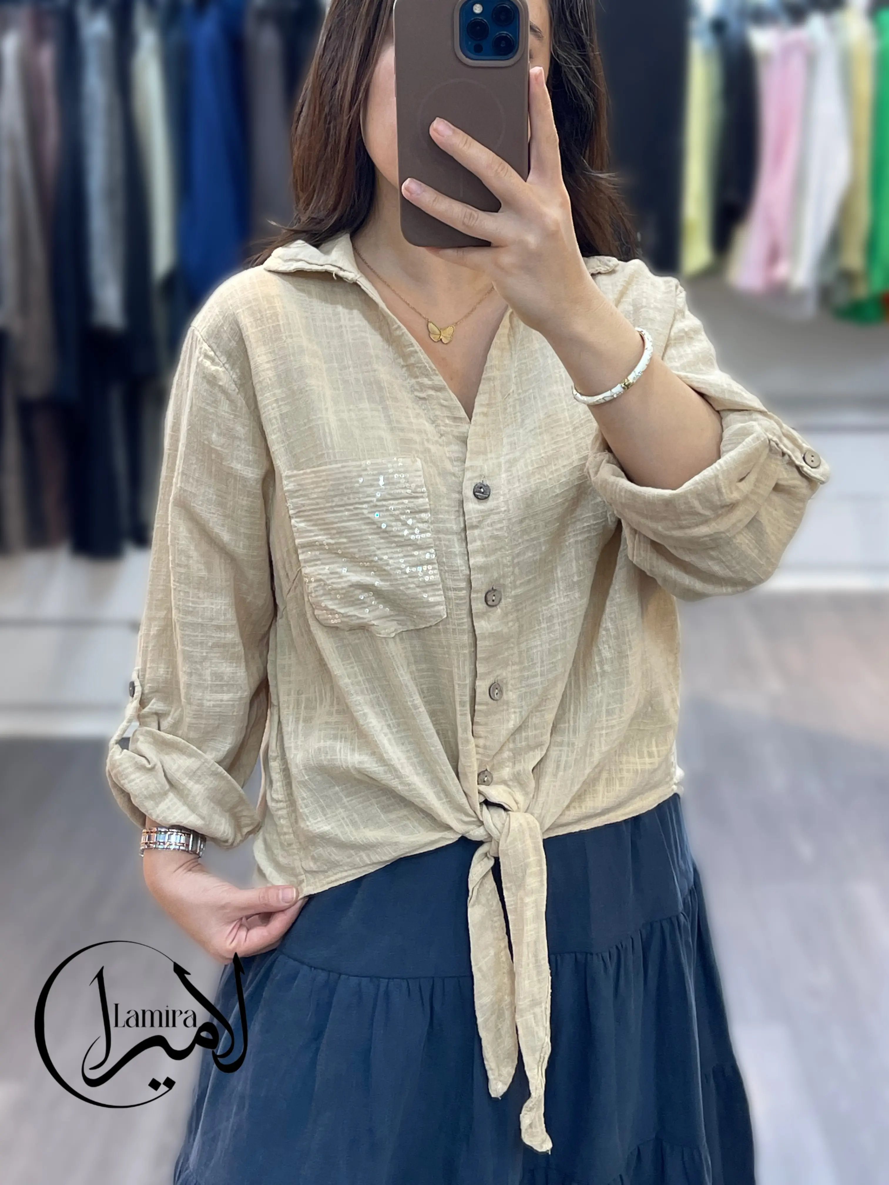 شومیز جلو گره ای لینن ایتالیایی جیب پولکی